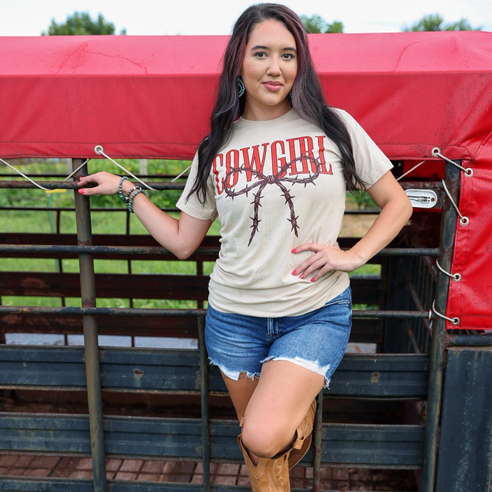 FestiviTees Women - Apparel - Shirts - T-Shirts Cowgirl Barbed Wire Bow Western Tee Soft Graphic Tee