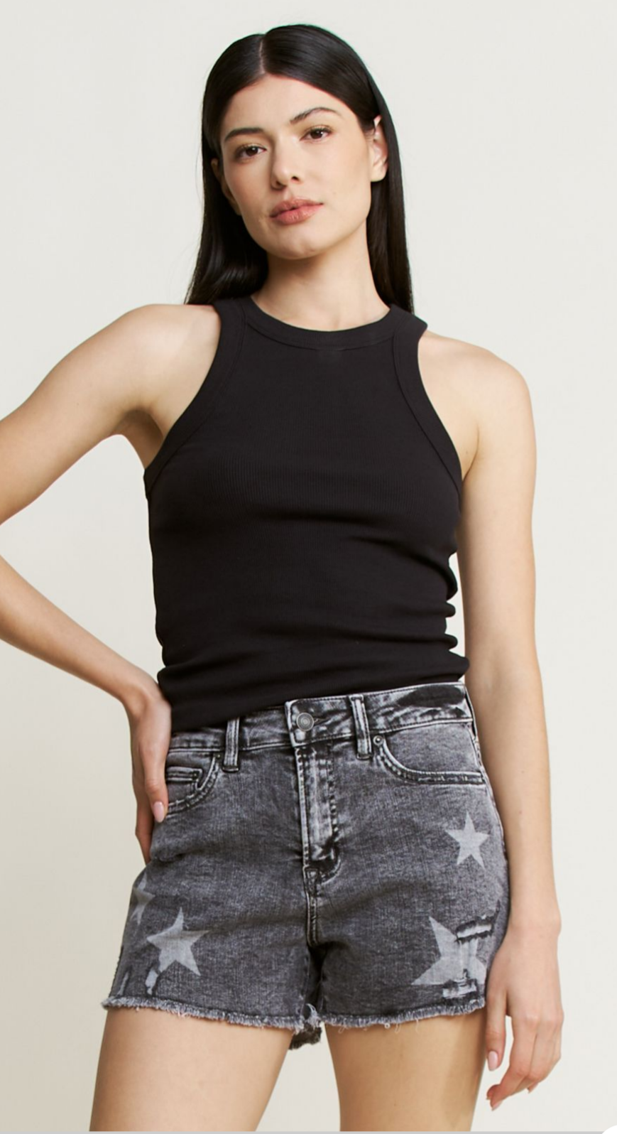 Mica Denim High Rise Distressed Black Star Shorts