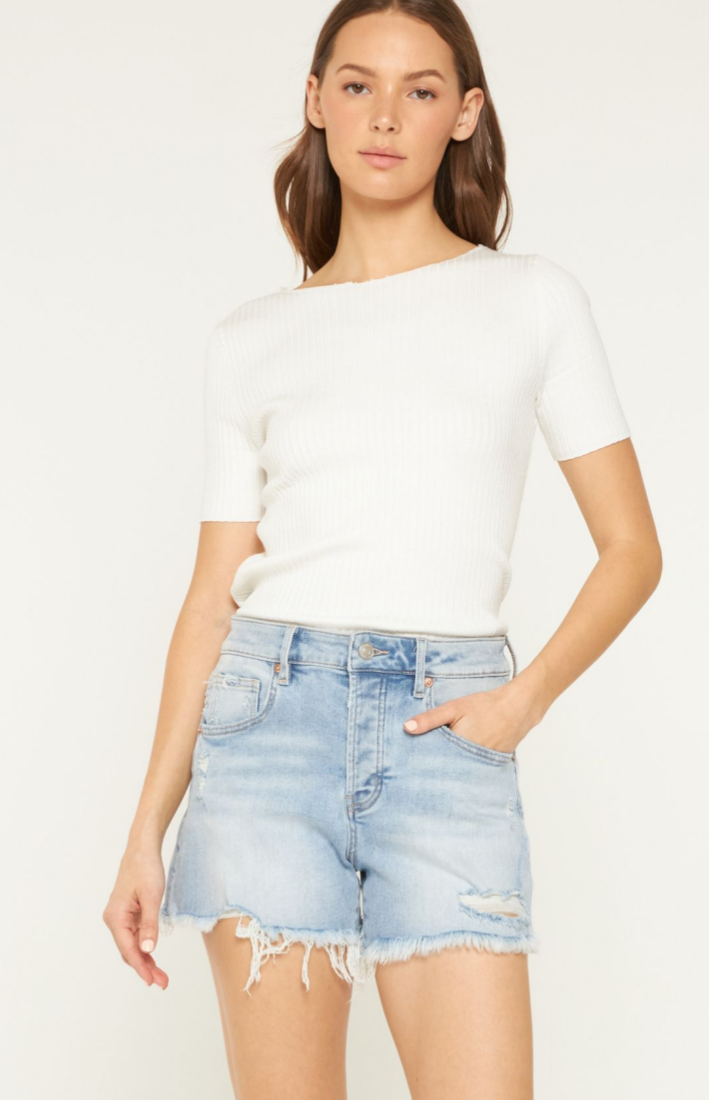 Mica Denim Super High Distressed Shorts Hidden Button Fly