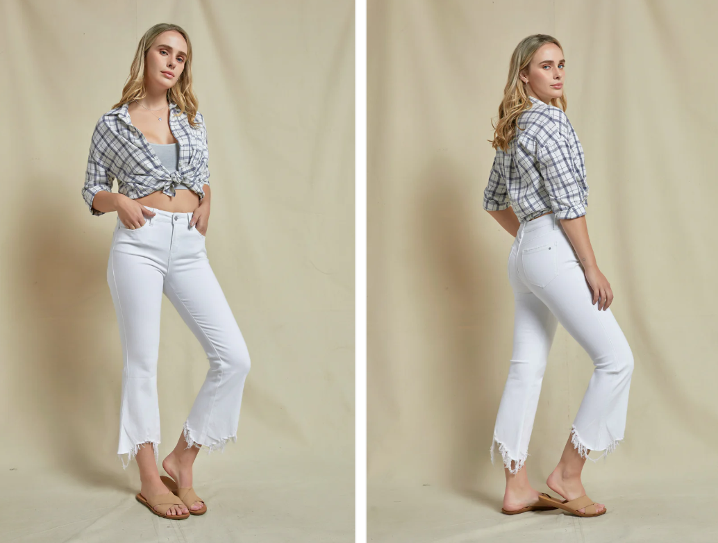 Mica Denim Snow White Cropped Flare Crop Distressed