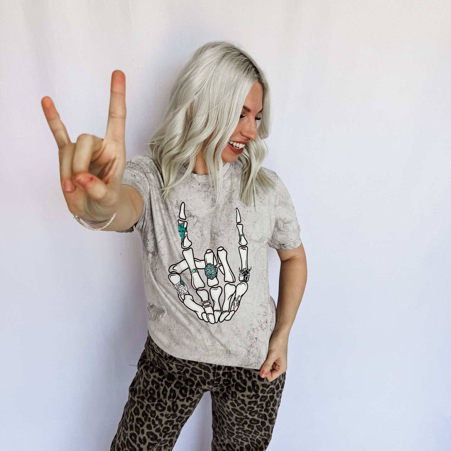 Turquoise Skeleton Peace Sign Graphic Tee