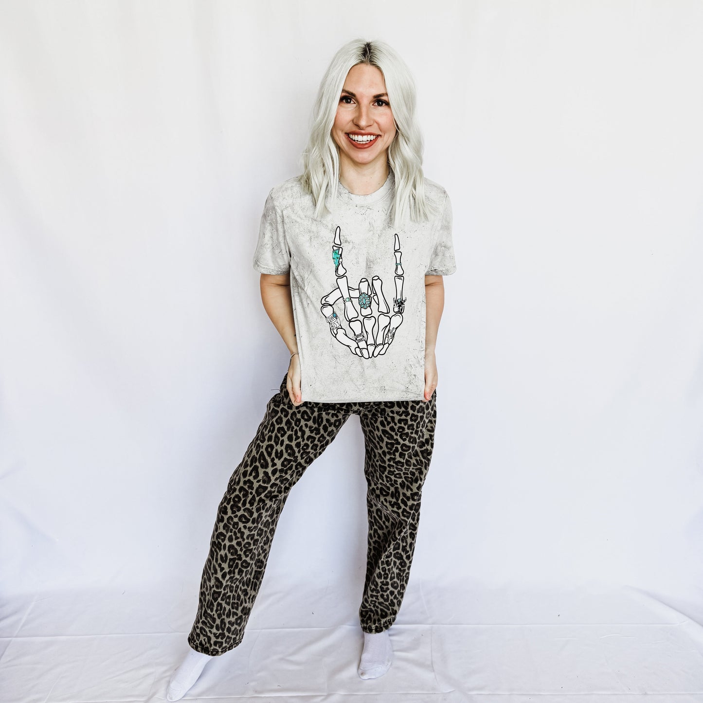 Turquoise Skeleton Peace Sign Graphic Tee