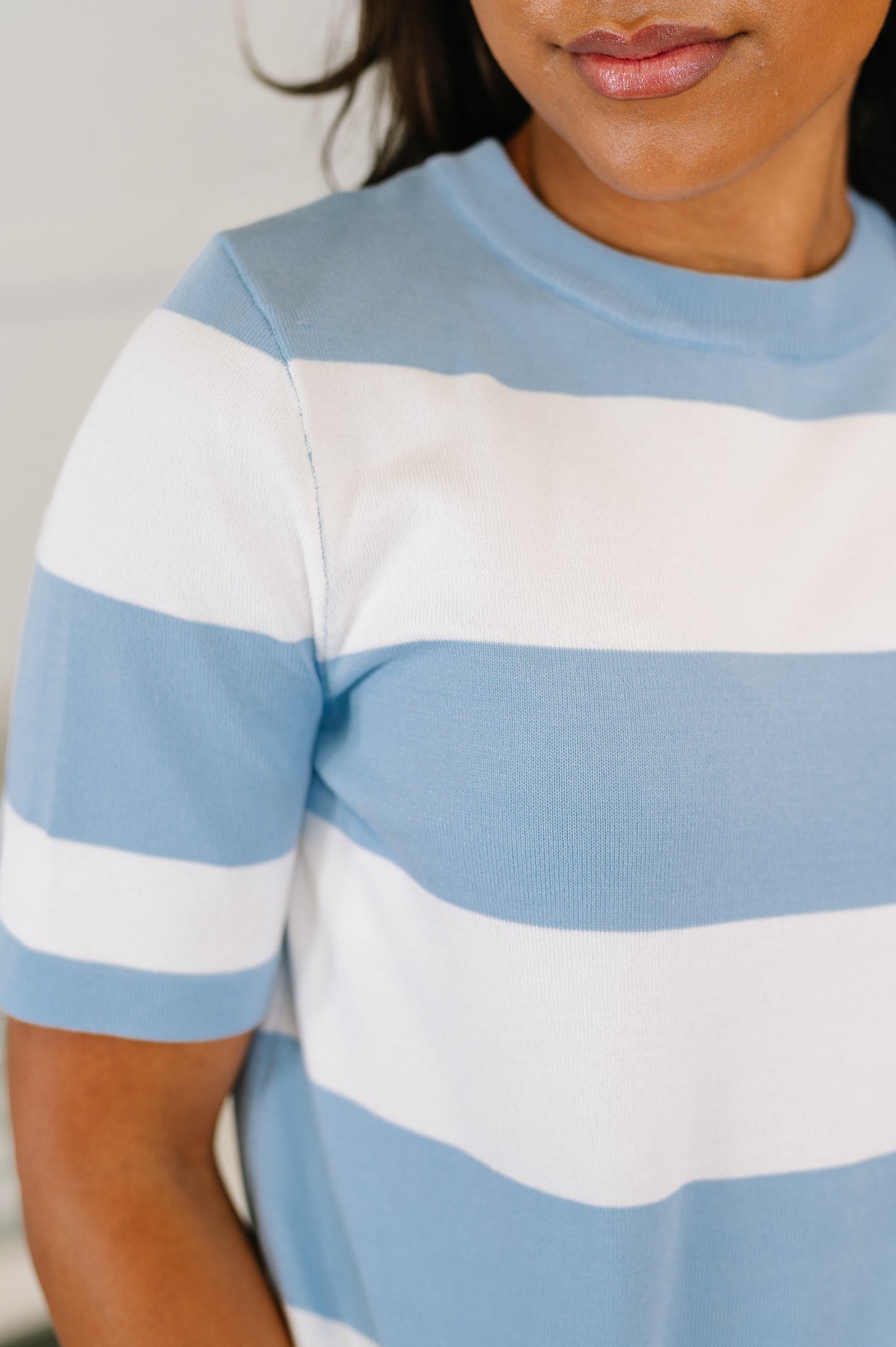 Known for a While Knit Blouse in White and Blue