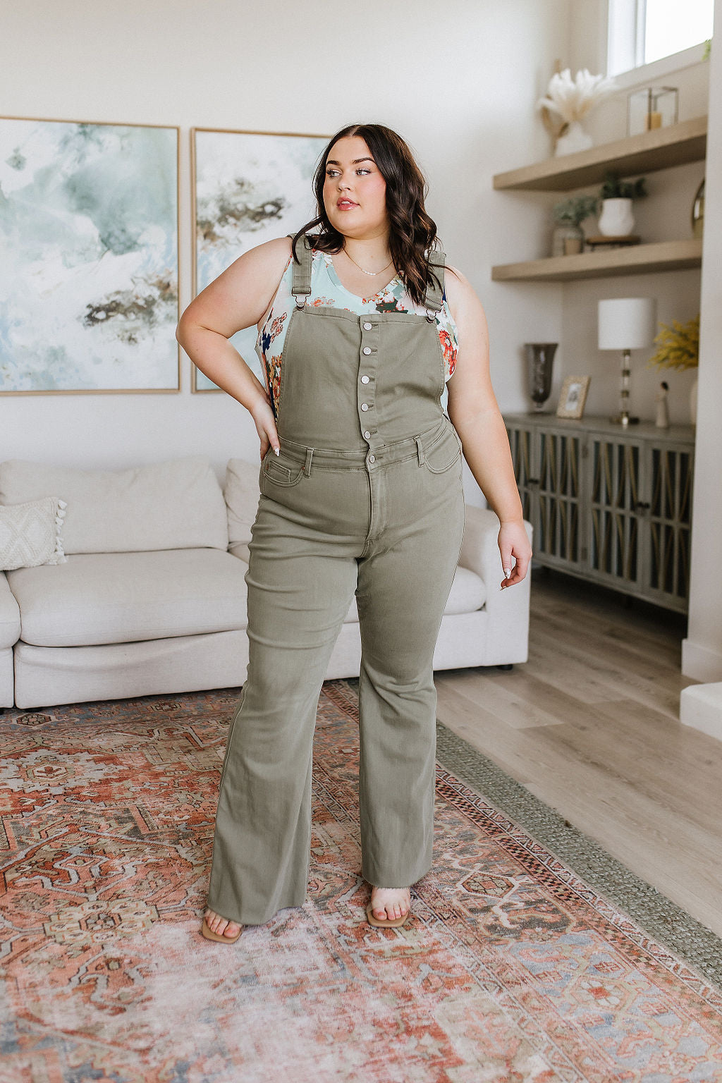 Olivia Control Top Release Hem Overalls in Olive