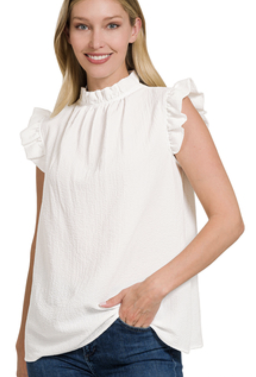 Woven Bubble Mock Neck - White