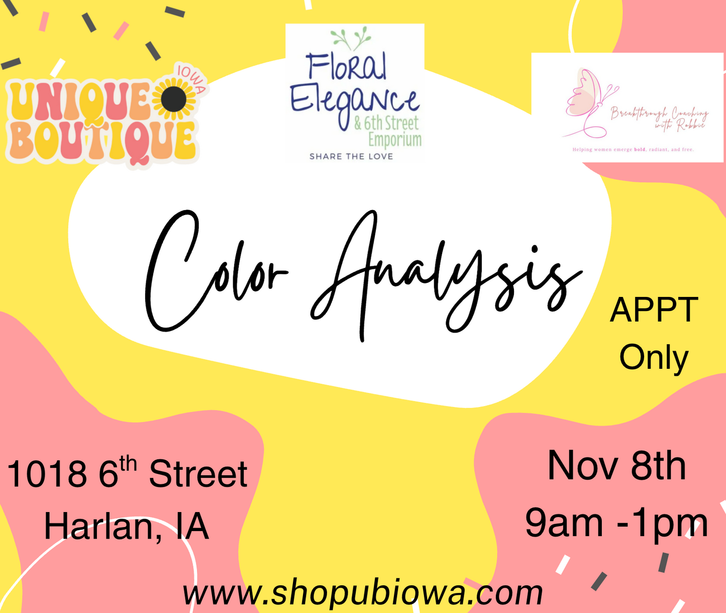 Color Analysis Floral Elegance w/Unique Boutique Iowa & Breakthrough Coaching by Robbie NOV 8TH - HARLAN