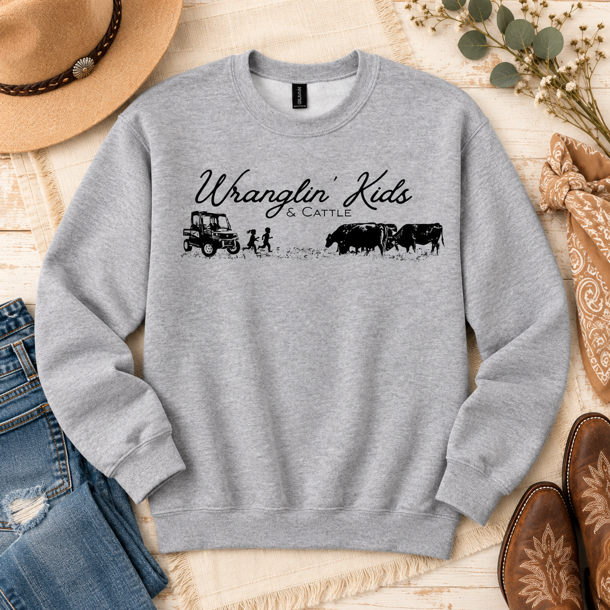 Wranglin' Kids and Cattle Crewneck