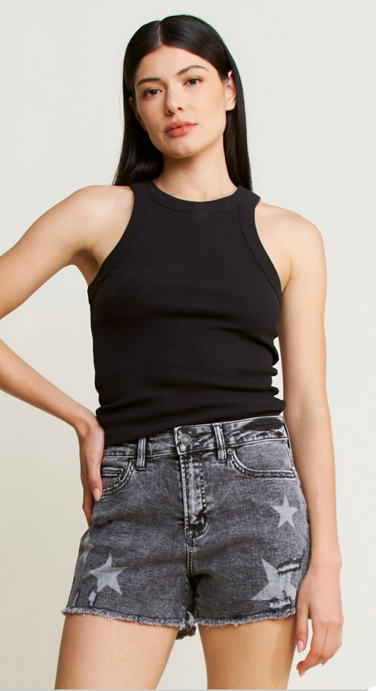 Mica Denim High Rise Distressed Black Star Shorts