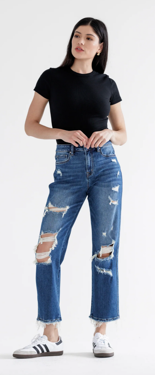 Mica Denim High Rise Straight Distressed Medium Wash