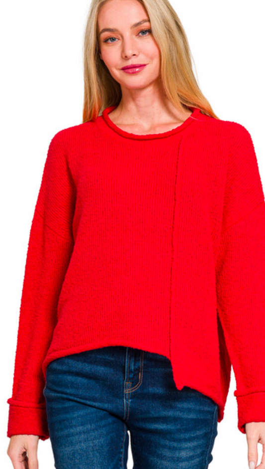 The Lyla ASYMMETRIC HEM SWEATER – Ruby Red - Small Biz Sat #2